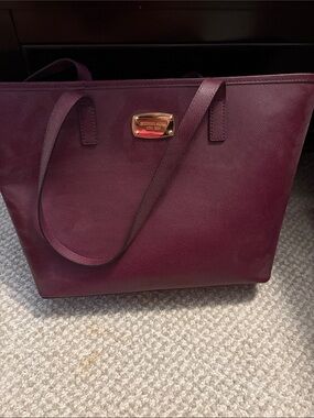 Michael Kors Plum Leather Tote with Gold Plaque